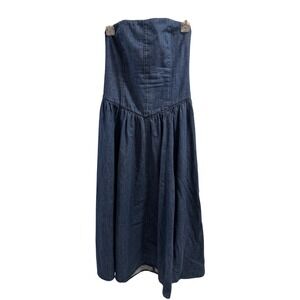 Zara Blue Denim Strapless Midi Dress Corset Bodice Drop Waist Medium Wash Size M